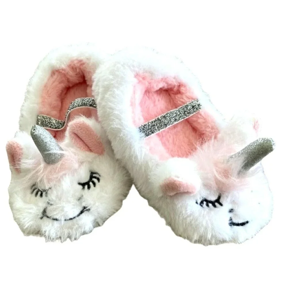 Cat & Jack 5/6 Shoes Kids Girl Unicorn Baby Fuzzy Faux Fur Soft Slippers Toddler